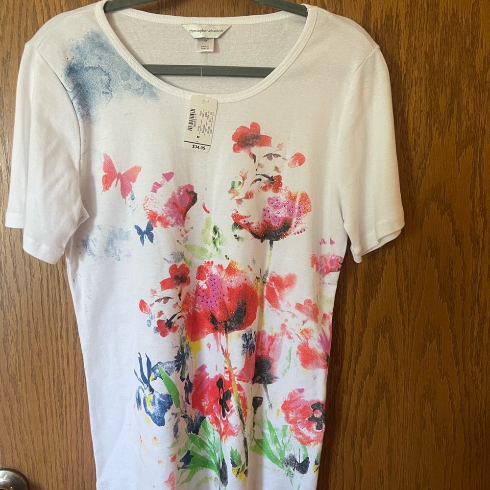 Christopher & Banks White Pink Graphic Short Sleeve Tee